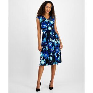 Kasper Women's Petite Floral Cowlneck Fit & Flare Dress Blue Size 8P MSRP $89